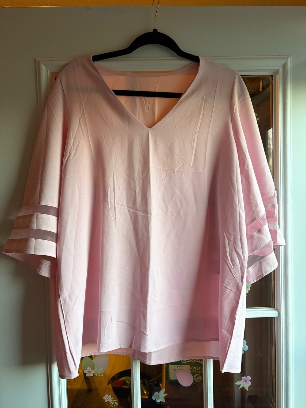 Women’s V-Neck Pink Blouse with Sheer Sleeve Stripes